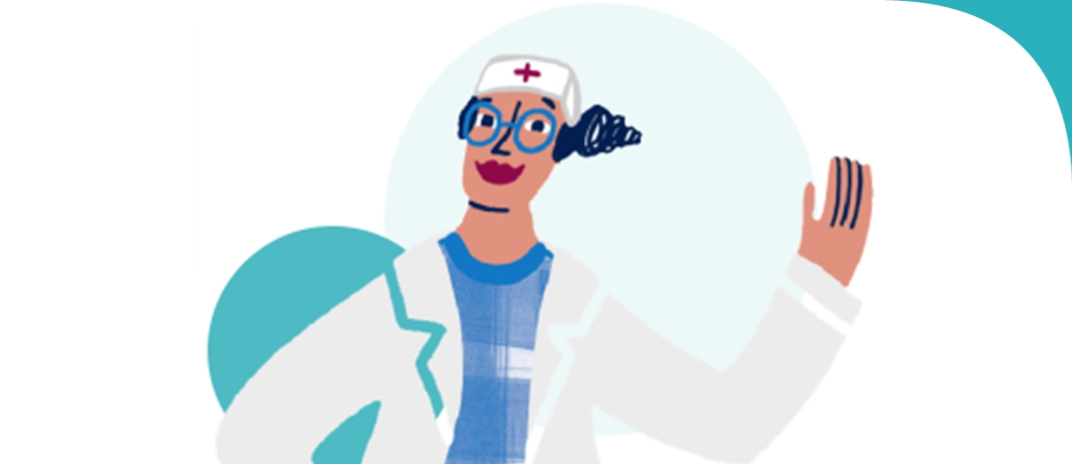A cartoon doctor with round glasses and a stethoscope, smiling and waving or examining something with a raised hand