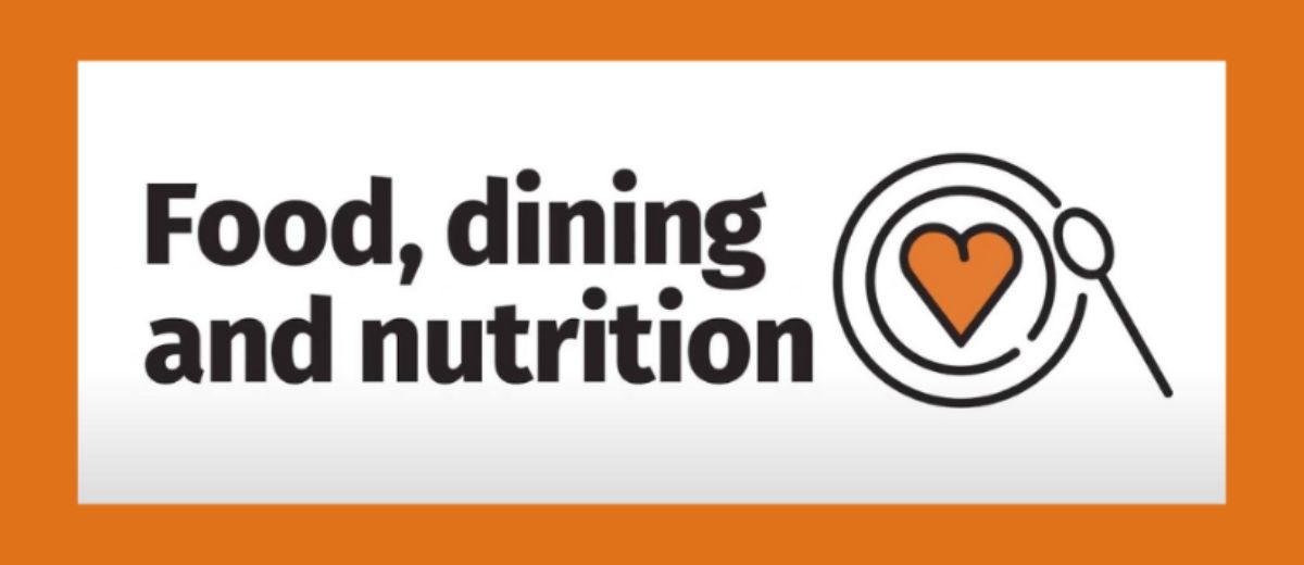 The image contains the text Food, dining and nutrition. There is a heart icon to the right of the text.